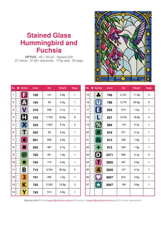 DMC color chart for Stained Glass Hummingbird and Fuchsia diamond painting - 27 colors