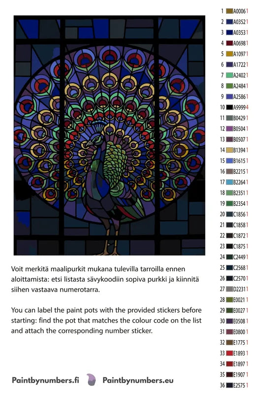 Paint color chart and instructions - Stained Glass Peacock 40x50cm