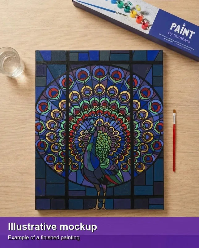 Finished paint by numbers mockup - Stained Glass Peacock 40x50cm