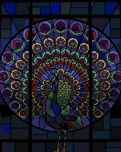 Peacock in stained glass window paint by numbers. Colorful tail and geometric background.