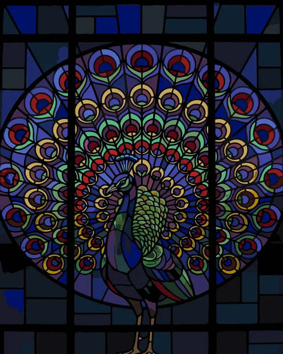 Peacock in a stained glass window Paint By Numbers. Colorful tail and geometric background.