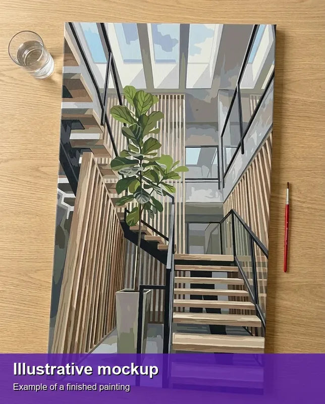 Illustration of the finished paint by numbers - Staircase with Potted Plant 40x70cm