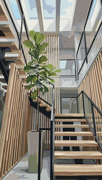 Thumbnail for Modern staircase and houseplant Paint By Numbers. Light wood surfaces, large pot.