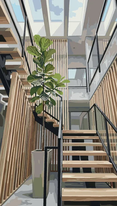 Modern staircase and houseplant Paint By Numbers. Light wood surfaces, large pot.