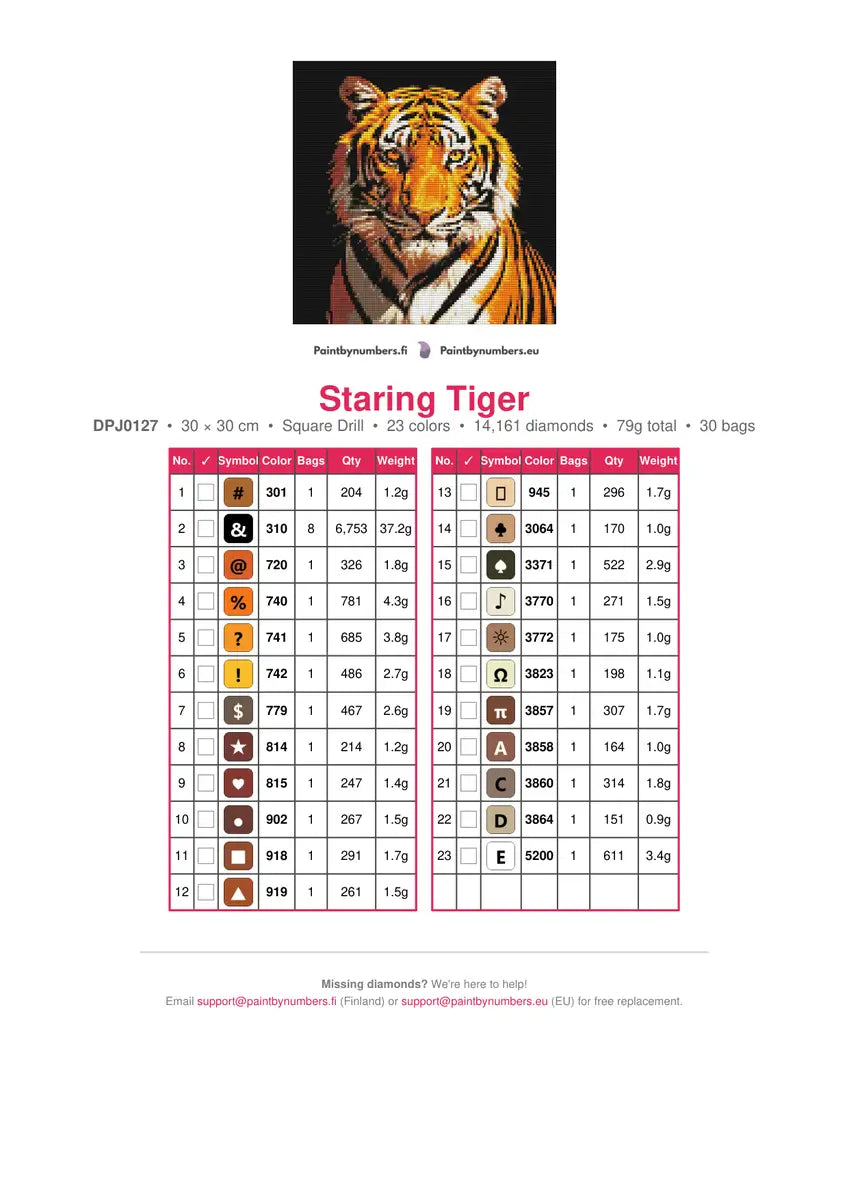 Staring Tiger diamond painting color chart – 23 DMC colors