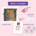 Thumbnail for Staring Tiger 30x30cm diamond painting kit contents: adhesive canvas, color chart, tools and diamond bags