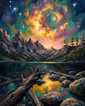 Thumbnail for Diamond painting of a colorful galaxy above mountains and a lake.