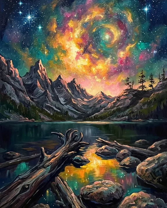 Diamond painting of a colorful galaxy above mountains and a lake.