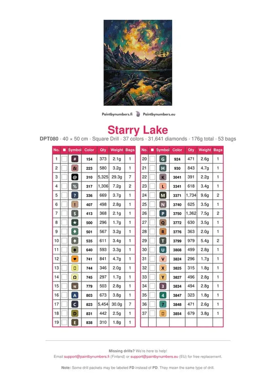 Starry Lake diamond painting color chart – 37 DMC colors