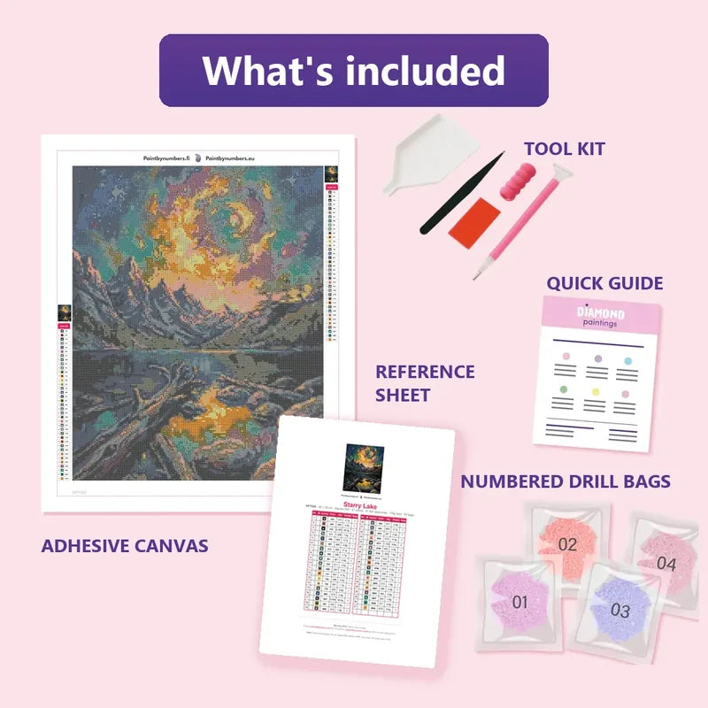 Starry Lake 40x50cm diamond painting kit contents: adhesive canvas, color chart, tools and diamond bags