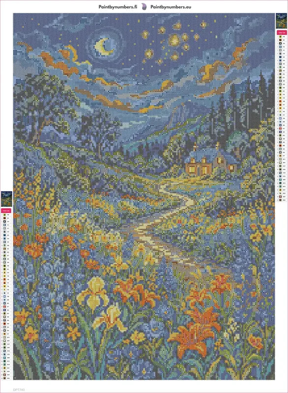 Diamond painting adhesive canvas preview - Starry Night Cottage Meadow