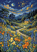 Miniatyrbild: Diamond painting-motiv med en stuga bortom en blomsteräng under stjärnor och orange moln
