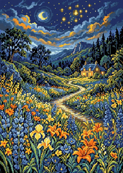 Diamond painting-motiv med en stuga bortom en blomsteräng under stjärnor och orange moln