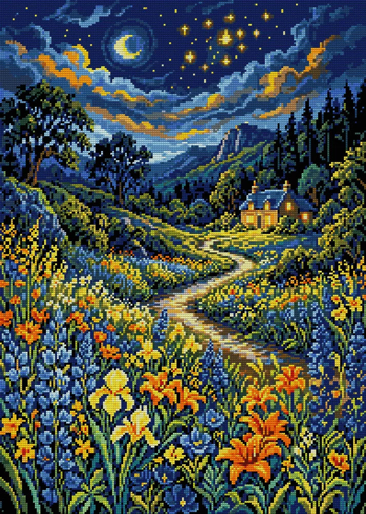 Starry Night Cottage Meadow, 50x70 cm diamond painting – full design preview without the close-up inset
