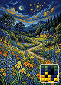 Thumbnail for Starry Night Cottage Meadow, 50x70 cm diamond painting – finished design preview with a close-up of square drills
