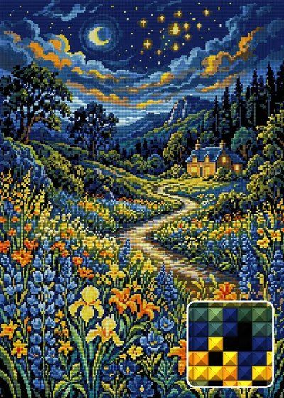 Starry Night Cottage Meadow, 50x70 cm diamond painting – finished design preview with a close-up of square drills