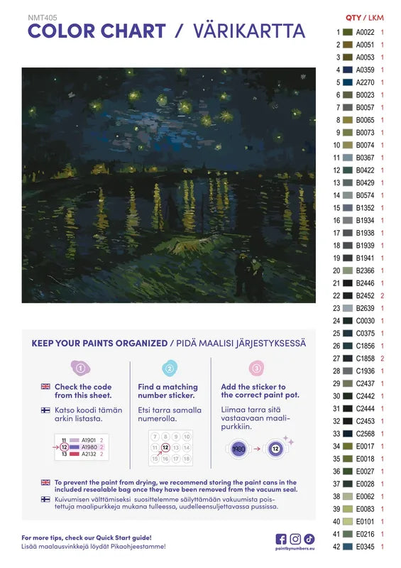 Paint color chart and instructions - Starry Night Over the Rhône 50x40cm