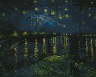 Paint by numbers of van Gogh's Starry Night Over the Rhône with stars, lamp reflections on the river and two figures.