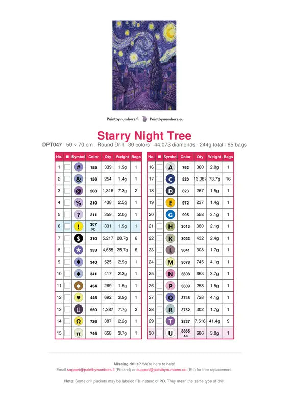 Starry Night Tree diamond painting color chart – 30 DMC colors