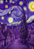 Thumbnail for Diamond painting featuring a swirling starry sky and a village landscape in shades of violet.