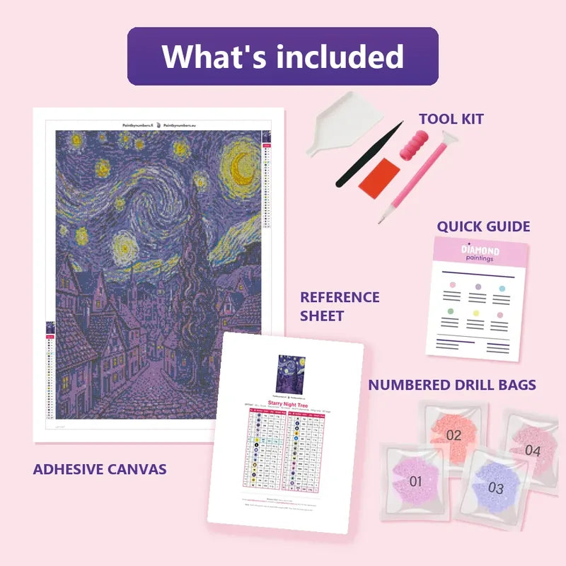 Starry Night Tree 50x70cm diamond painting kit contents: adhesive canvas, color chart, tools and diamond bags