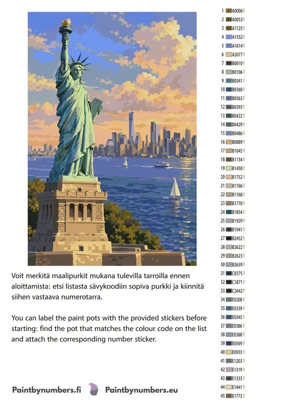 Paint color chart and instructions - Statue of Liberty Skyline 2 40x60cm