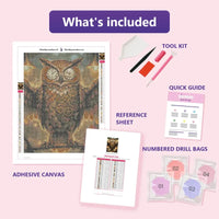 Thumbnail for Steampunk Owl 30x40cm diamond painting kit contents: adhesive canvas, color chart, tools and diamond bags