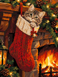 Thumbnail for Kitten in Christmas stocking by fireplace paint by numbers.