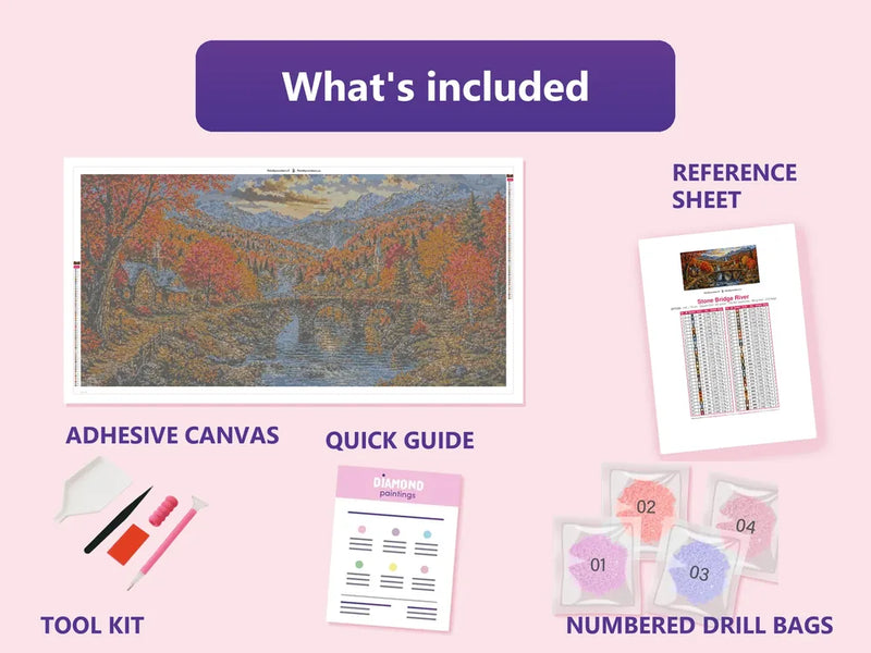 What is included in the Stone Bridge River diamond painting kit - adhesive canvas, reference sheet, tools and numbered drill bags