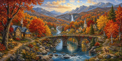 Diamond Painting of an autumn valley with stone bridge, cottage, and colorful fall trees.