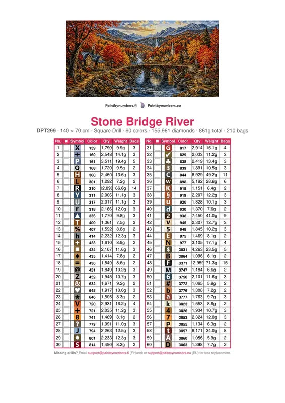 DMC color chart for Stone Bridge River diamond painting - 60 colors