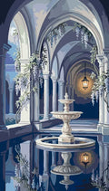 Thumbnail for Stone fountain in courtyard paint by numbers. Arched columns and lantern.
