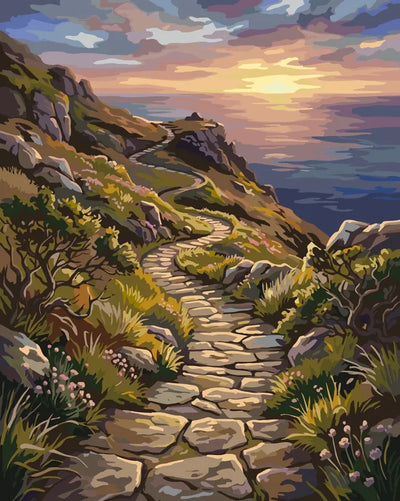 Stone path by the sea at sunset paint by numbers.