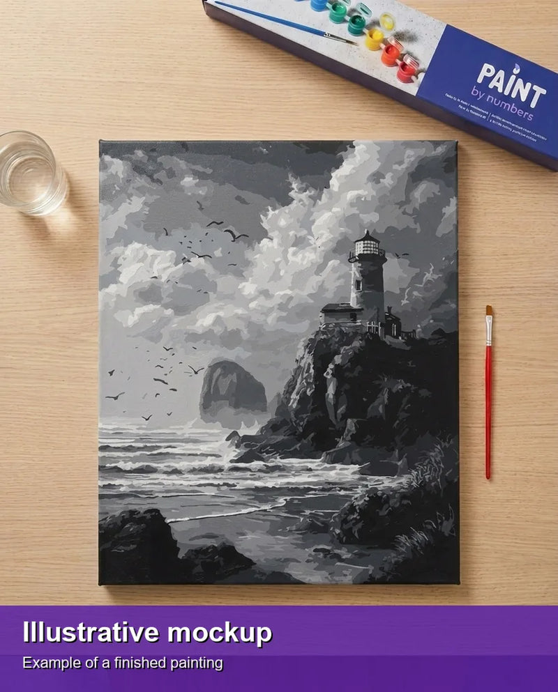 Finished paint by numbers mockup - Stormy Lighthouse 40x50cm