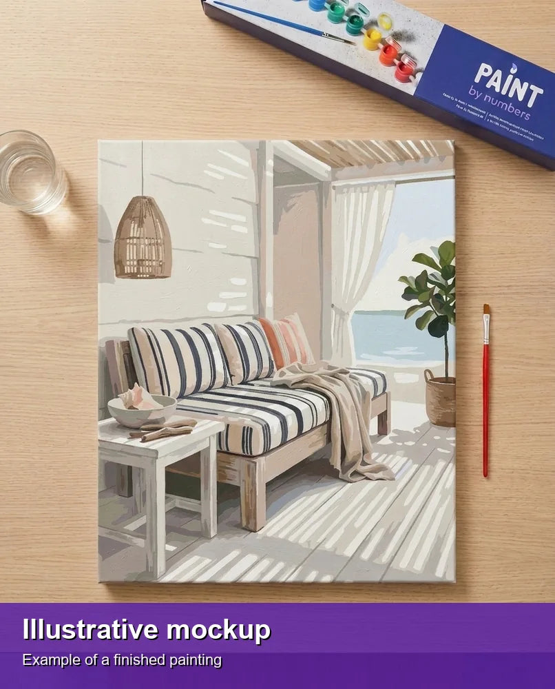 Finished paint by numbers mockup - Striped Sofa by Window 40x50cm