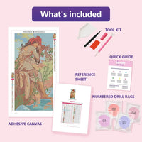 Thumbnail for summer 30x60cm diamond painting kit contents: adhesive canvas, color chart, tools and diamond bags