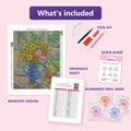 Thumbnail for What is included in the Summer Flowers in Blue Jug diamond painting kit - adhesive canvas, reference sheet, tools and numbered drill bags