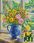 Thumbnail for Summer Flowers in Blue Jug, 40x50 cm diamond painting – finished design preview with a close-up of round drills