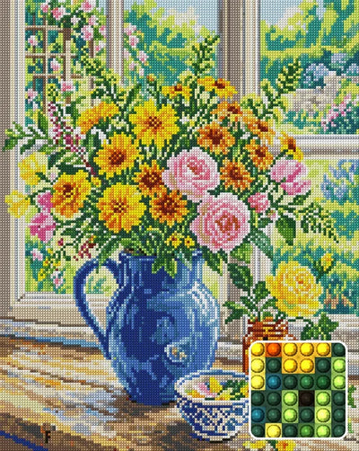 Summer Flowers in Blue Jug, 40x50 cm diamond painting – finished design preview with a close-up of round drills