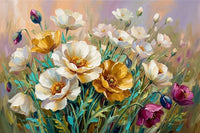 Thumbnail for Diamond painting of a colorful flower meadow with white, golden, and purple flowers.