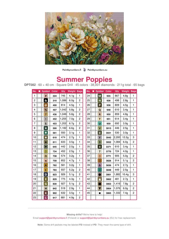 Summer Poppies diamond painting color chart – 45 DMC colors