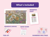 Thumbnail for Summer Poppies 60x40cm diamond painting kit contents: adhesive canvas, color chart, tools and diamond bags