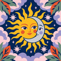 Thumbnail for Sun and moon faces with clouds and stars paint by numbers.