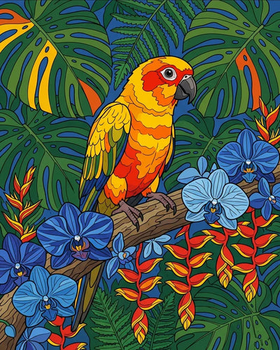 Diamond Painting of a tropical parrot and blue orchids among lush green leaves.