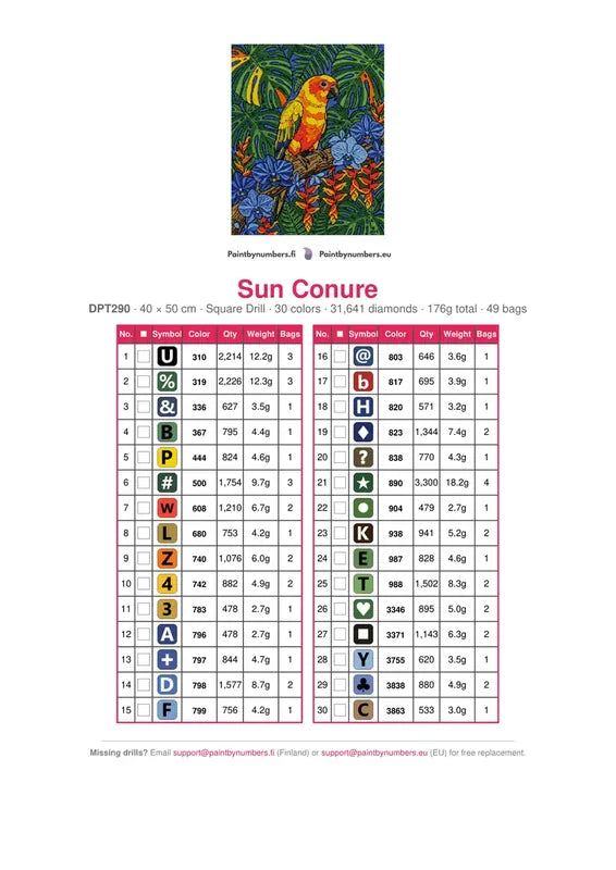 DMC color chart for Sun Conure diamond painting - 30 colors