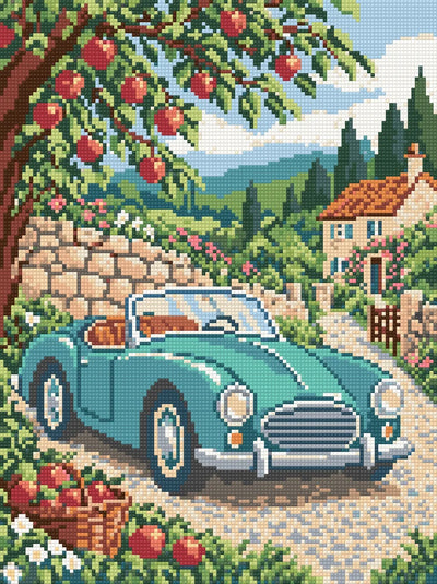 Diamond painting-motiv med en turkos veteranbil under ett äppelträd vid en stenmur