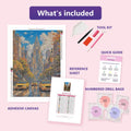 Thumbnail for City Clock Tower 50x70cm diamond painting kit contents: adhesive canvas, color chart, tools and diamond bags