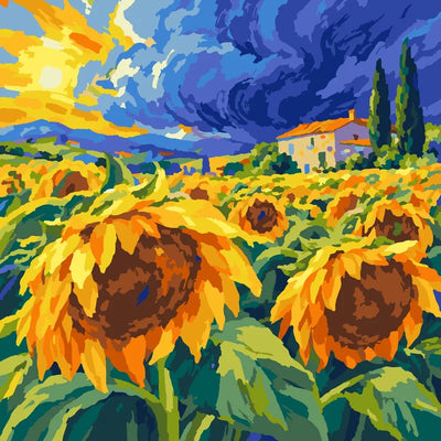 Yellow sunflowers, a red-roofed farmhouse and cypress trees beneath swirling blue clouds, paint by numbers