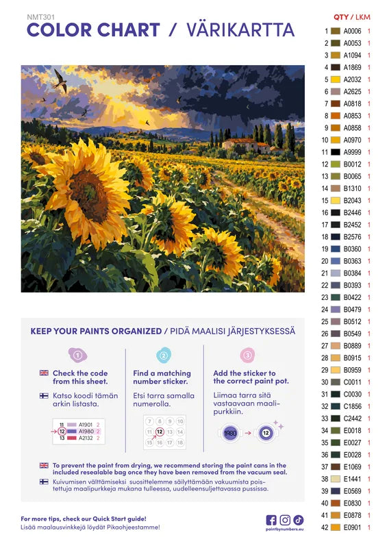 Paint color chart and instructions - Sunflowers before the Storm 50x40cm