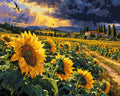 Thumbnail for Sunflower field and farmhouse paint by numbers, bright yellow flowers and dramatic sky.